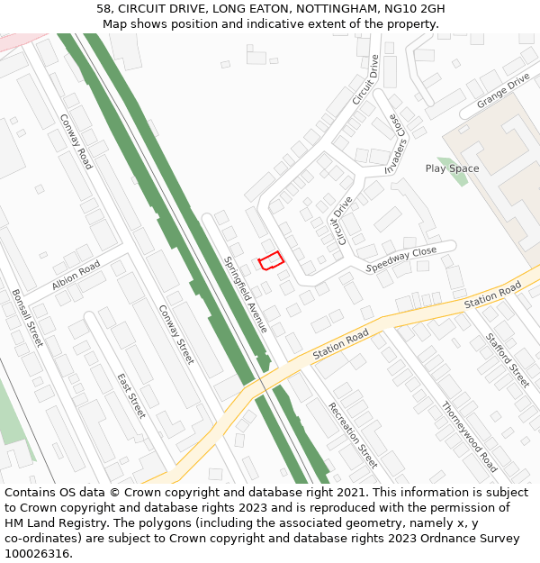 58, CIRCUIT DRIVE, LONG EATON, NOTTINGHAM, NG10 2GH: Location map and indicative extent of plot