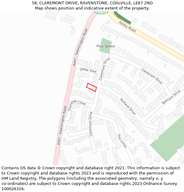 58, CLAREMONT DRIVE, RAVENSTONE, COALVILLE, LE67 2ND: Location map and indicative extent of plot