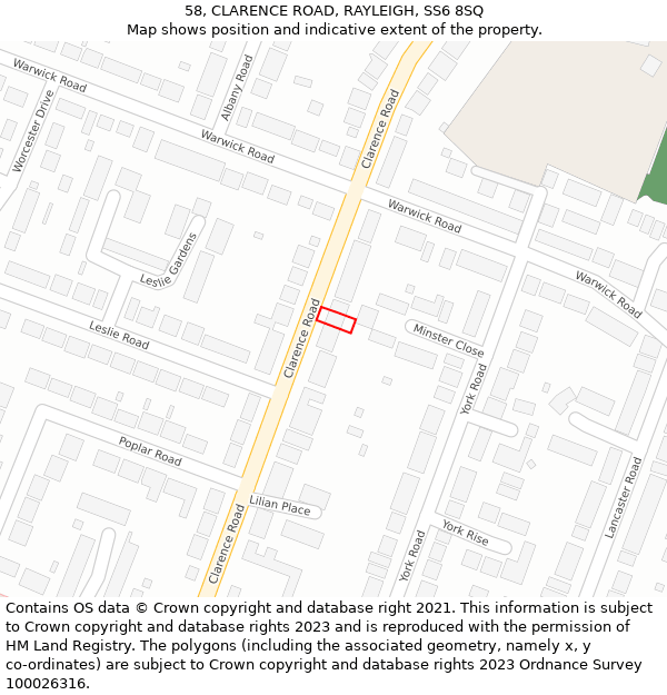 58, CLARENCE ROAD, RAYLEIGH, SS6 8SQ: Location map and indicative extent of plot