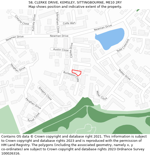 58, CLERKE DRIVE, KEMSLEY, SITTINGBOURNE, ME10 2RY: Location map and indicative extent of plot