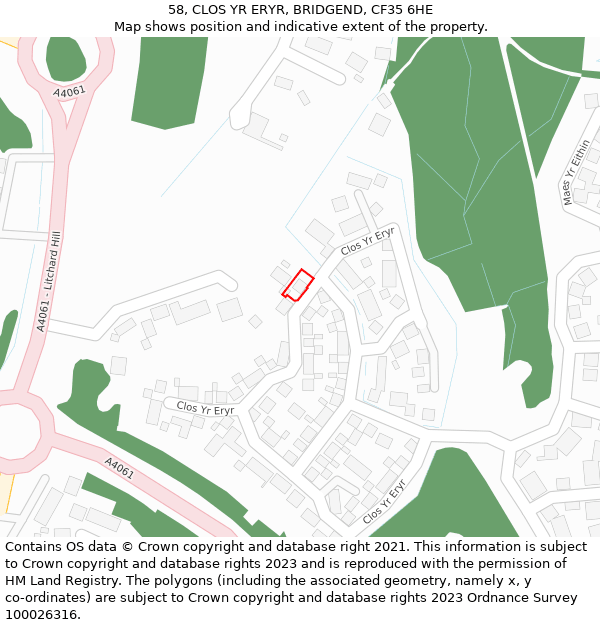58, CLOS YR ERYR, BRIDGEND, CF35 6HE: Location map and indicative extent of plot