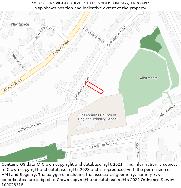 58, COLLINSWOOD DRIVE, ST LEONARDS-ON-SEA, TN38 0NX: Location map and indicative extent of plot