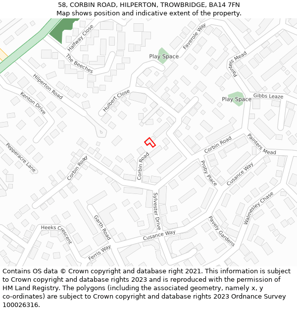 58, CORBIN ROAD, HILPERTON, TROWBRIDGE, BA14 7FN: Location map and indicative extent of plot