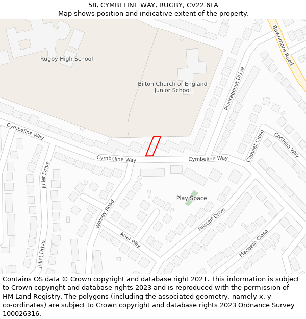 58, CYMBELINE WAY, RUGBY, CV22 6LA: Location map and indicative extent of plot