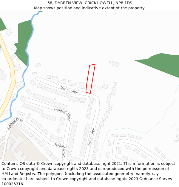 58, DARREN VIEW, CRICKHOWELL, NP8 1DS: Location map and indicative extent of plot