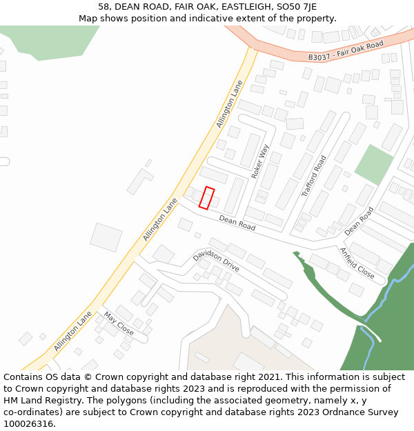 58, DEAN ROAD, FAIR OAK, EASTLEIGH, SO50 7JE: Location map and indicative extent of plot