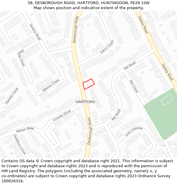 58, DESBOROUGH ROAD, HARTFORD, HUNTINGDON, PE29 1SW: Location map and indicative extent of plot