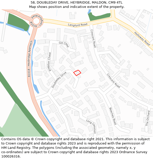 58, DOUBLEDAY DRIVE, HEYBRIDGE, MALDON, CM9 4TL: Location map and indicative extent of plot