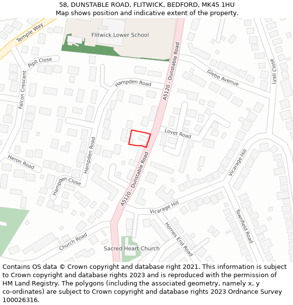 58, DUNSTABLE ROAD, FLITWICK, BEDFORD, MK45 1HU: Location map and indicative extent of plot