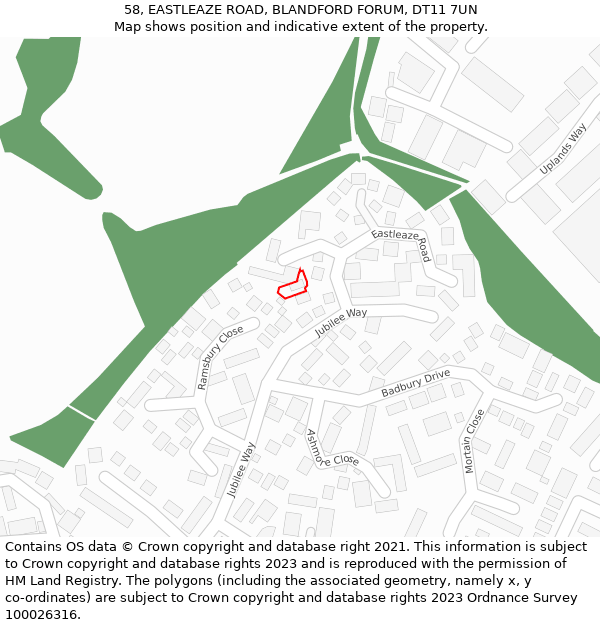 58, EASTLEAZE ROAD, BLANDFORD FORUM, DT11 7UN: Location map and indicative extent of plot