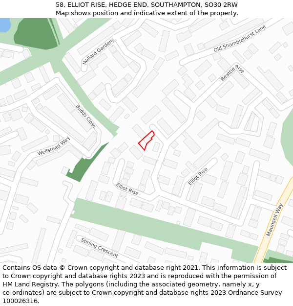 58, ELLIOT RISE, HEDGE END, SOUTHAMPTON, SO30 2RW: Location map and indicative extent of plot