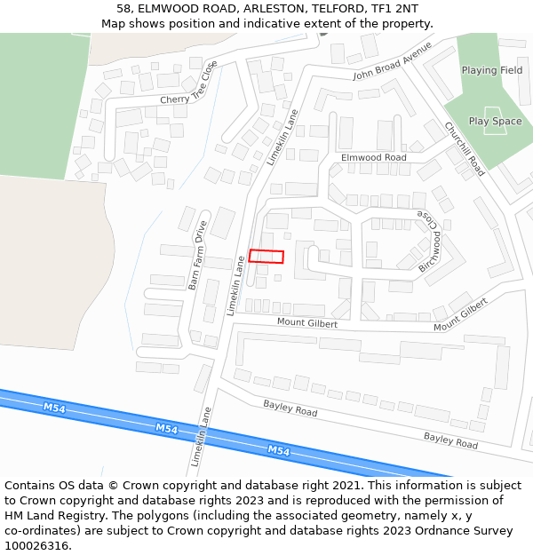 58, ELMWOOD ROAD, ARLESTON, TELFORD, TF1 2NT: Location map and indicative extent of plot