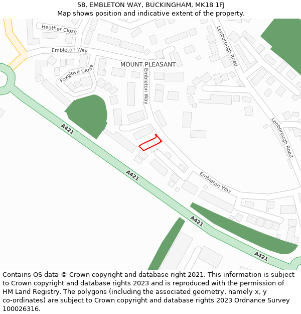 58, EMBLETON WAY, BUCKINGHAM, MK18 1FJ: Location map and indicative extent of plot