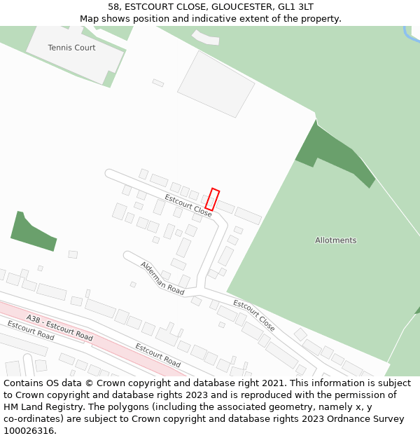 58, ESTCOURT CLOSE, GLOUCESTER, GL1 3LT: Location map and indicative extent of plot