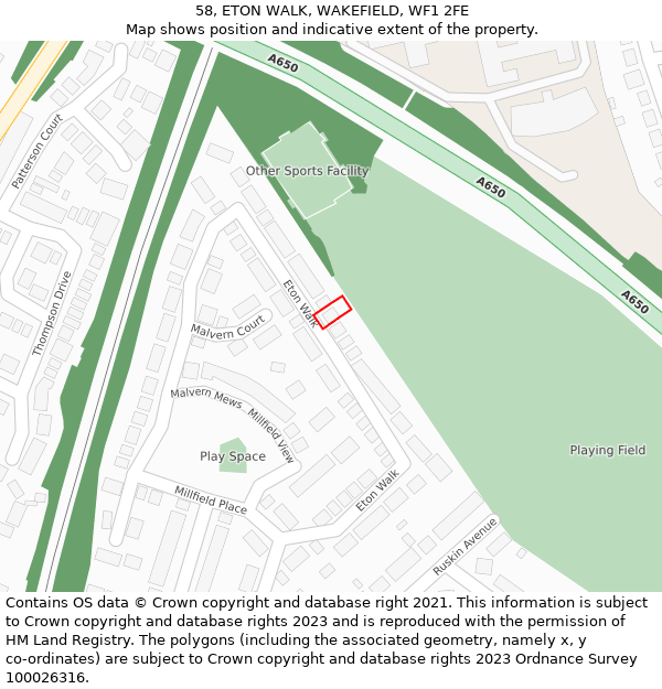 58, ETON WALK, WAKEFIELD, WF1 2FE: Location map and indicative extent of plot