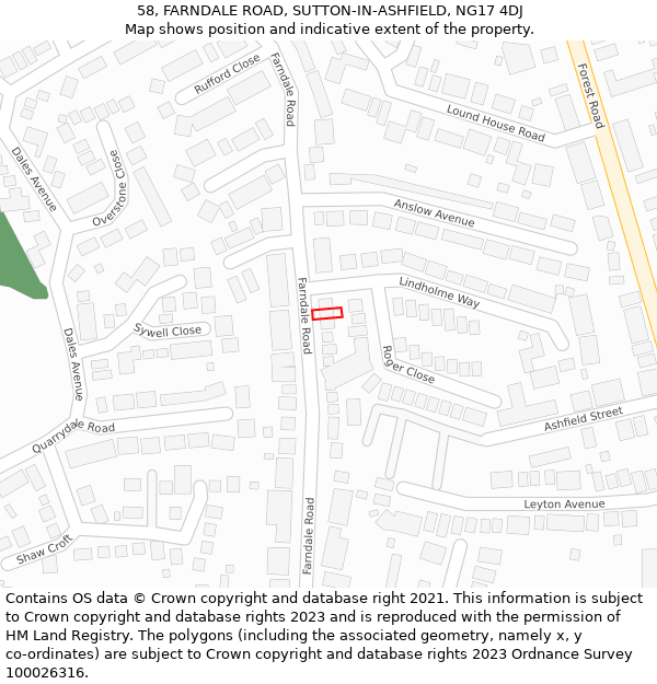 58, FARNDALE ROAD, SUTTON-IN-ASHFIELD, NG17 4DJ: Location map and indicative extent of plot