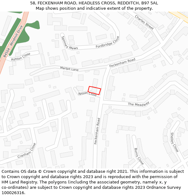 58, FECKENHAM ROAD, HEADLESS CROSS, REDDITCH, B97 5AL: Location map and indicative extent of plot