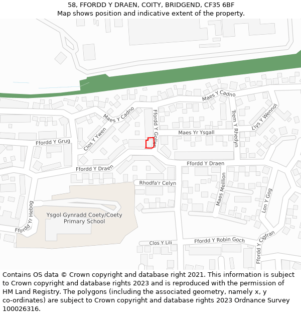 58, FFORDD Y DRAEN, COITY, BRIDGEND, CF35 6BF: Location map and indicative extent of plot