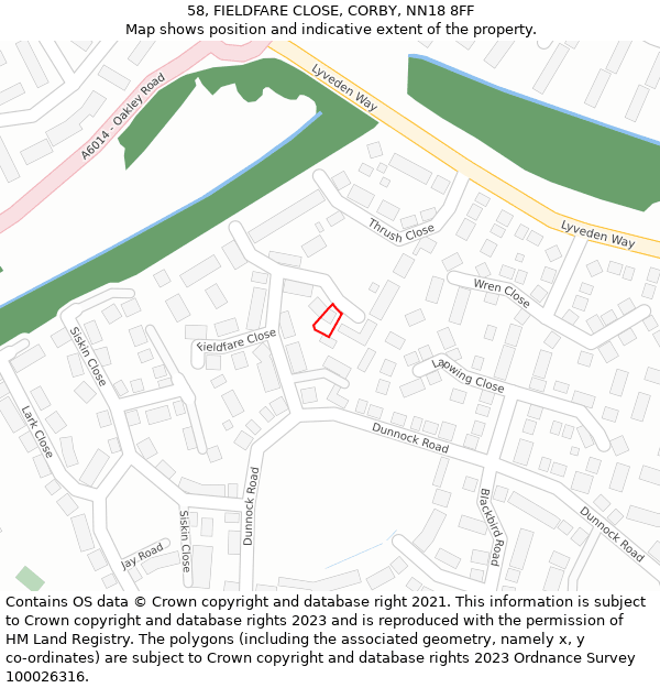 58, FIELDFARE CLOSE, CORBY, NN18 8FF: Location map and indicative extent of plot