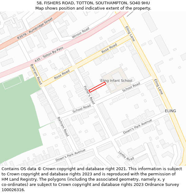 58, FISHERS ROAD, TOTTON, SOUTHAMPTON, SO40 9HU: Location map and indicative extent of plot