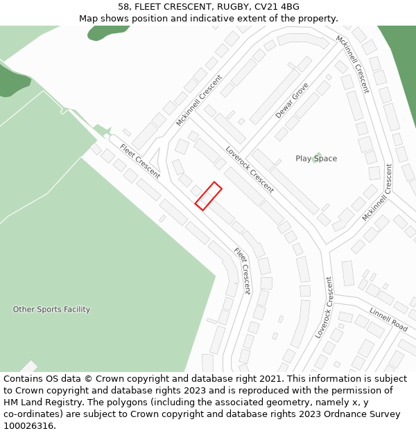 58, FLEET CRESCENT, RUGBY, CV21 4BG: Location map and indicative extent of plot