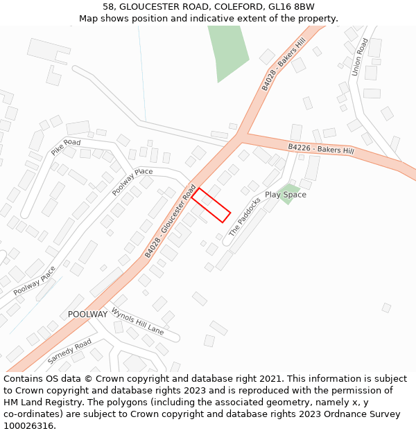58, GLOUCESTER ROAD, COLEFORD, GL16 8BW: Location map and indicative extent of plot