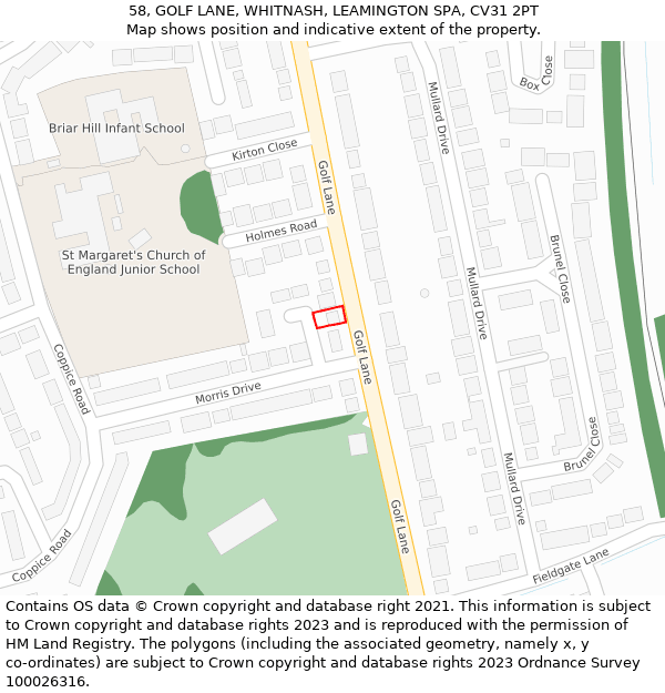 58, GOLF LANE, WHITNASH, LEAMINGTON SPA, CV31 2PT: Location map and indicative extent of plot