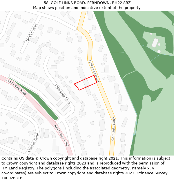 58, GOLF LINKS ROAD, FERNDOWN, BH22 8BZ: Location map and indicative extent of plot