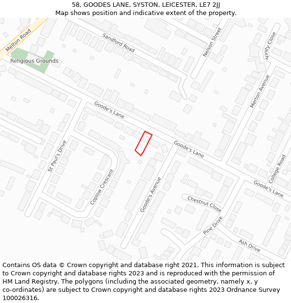 58, GOODES LANE, SYSTON, LEICESTER, LE7 2JJ: Location map and indicative extent of plot