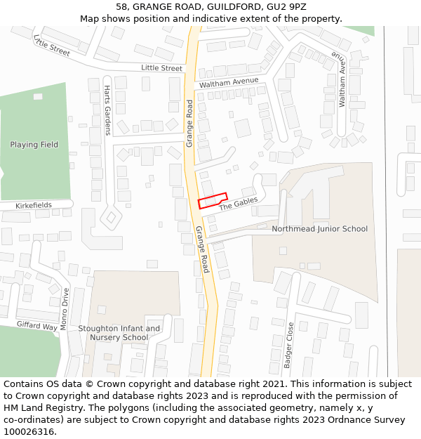 58, GRANGE ROAD, GUILDFORD, GU2 9PZ: Location map and indicative extent of plot