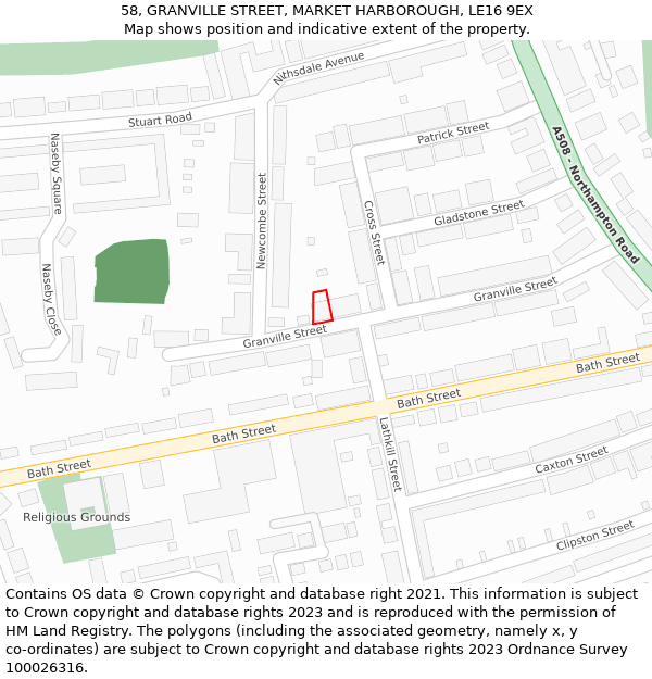 58, GRANVILLE STREET, MARKET HARBOROUGH, LE16 9EX: Location map and indicative extent of plot