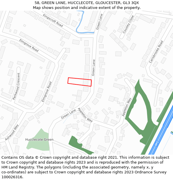 58, GREEN LANE, HUCCLECOTE, GLOUCESTER, GL3 3QX: Location map and indicative extent of plot