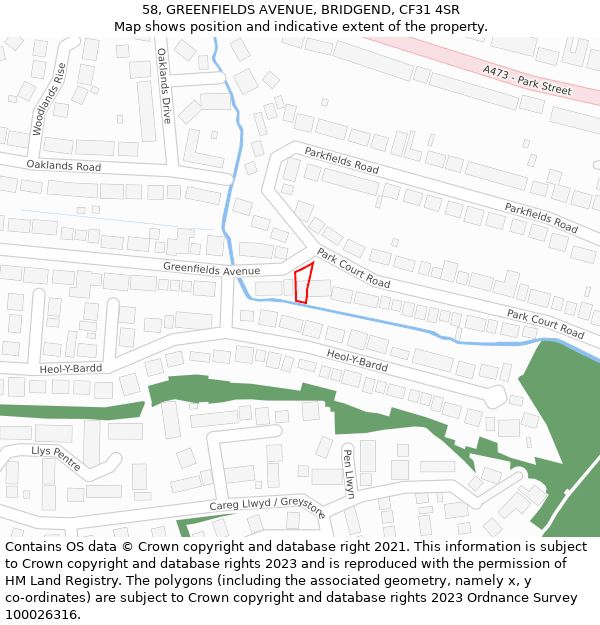 58, GREENFIELDS AVENUE, BRIDGEND, CF31 4SR: Location map and indicative extent of plot