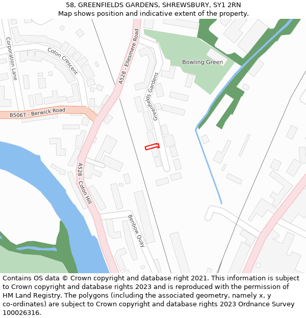 58, GREENFIELDS GARDENS, SHREWSBURY, SY1 2RN: Location map and indicative extent of plot