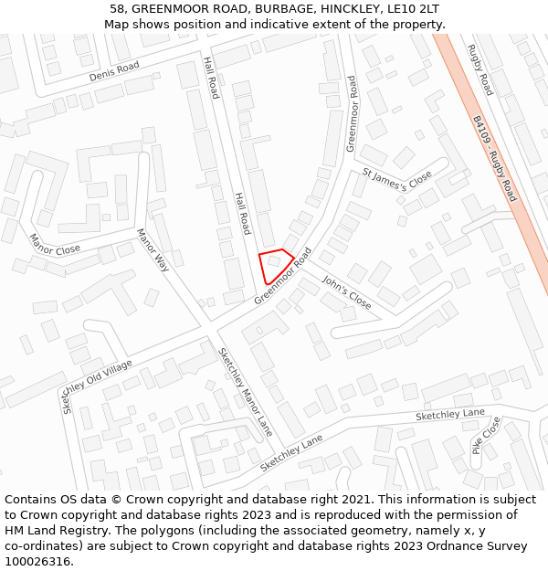 58, GREENMOOR ROAD, BURBAGE, HINCKLEY, LE10 2LT: Location map and indicative extent of plot