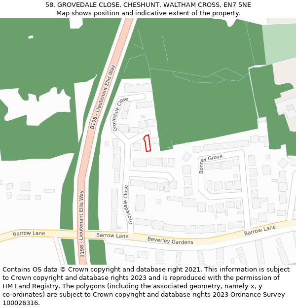 58, GROVEDALE CLOSE, CHESHUNT, WALTHAM CROSS, EN7 5NE: Location map and indicative extent of plot