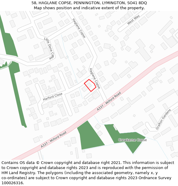 58, HAGLANE COPSE, PENNINGTON, LYMINGTON, SO41 8DQ: Location map and indicative extent of plot