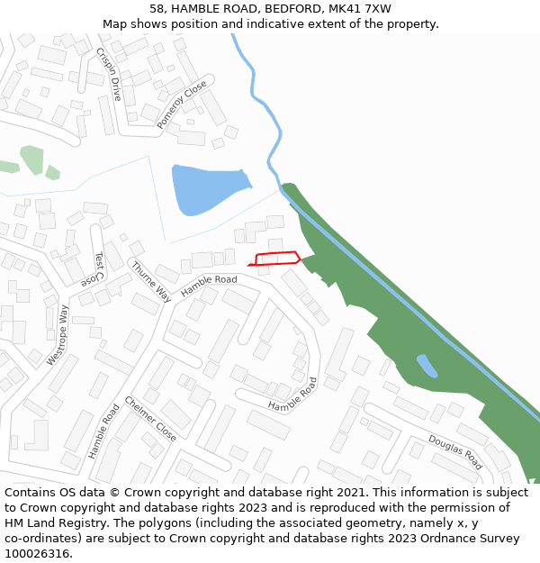 58, HAMBLE ROAD, BEDFORD, MK41 7XW: Location map and indicative extent of plot