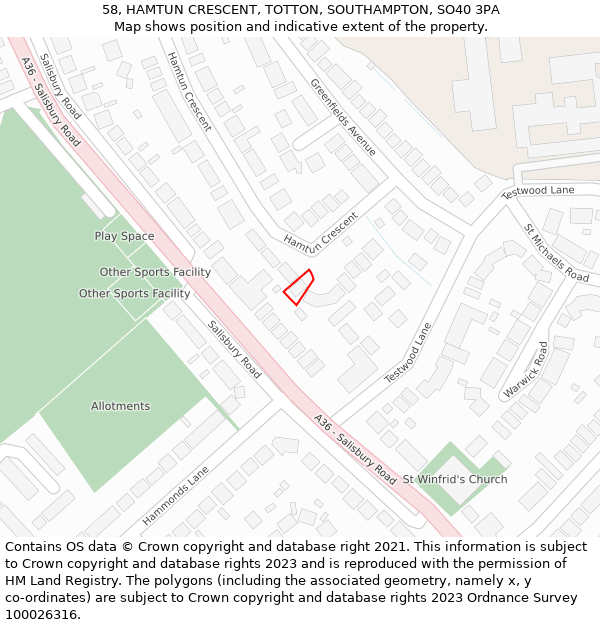 58, HAMTUN CRESCENT, TOTTON, SOUTHAMPTON, SO40 3PA: Location map and indicative extent of plot