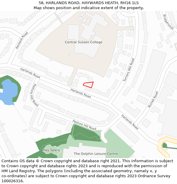 58, HARLANDS ROAD, HAYWARDS HEATH, RH16 1LS: Location map and indicative extent of plot