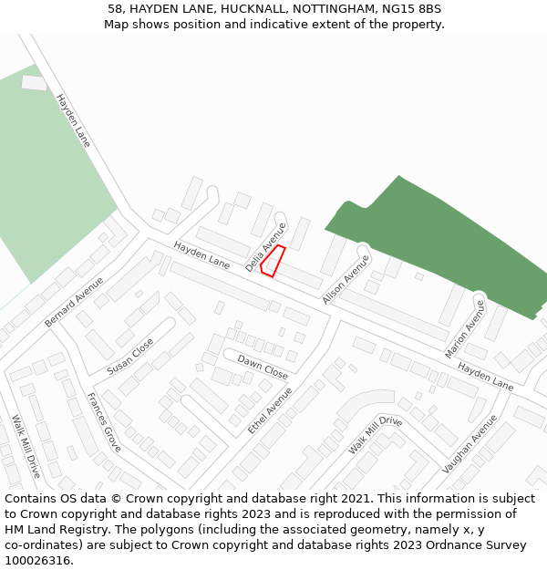 58, HAYDEN LANE, HUCKNALL, NOTTINGHAM, NG15 8BS: Location map and indicative extent of plot