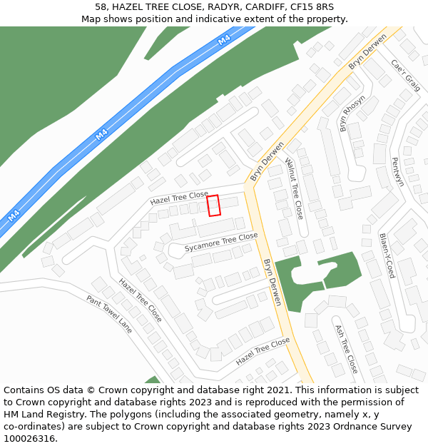 58, HAZEL TREE CLOSE, RADYR, CARDIFF, CF15 8RS: Location map and indicative extent of plot