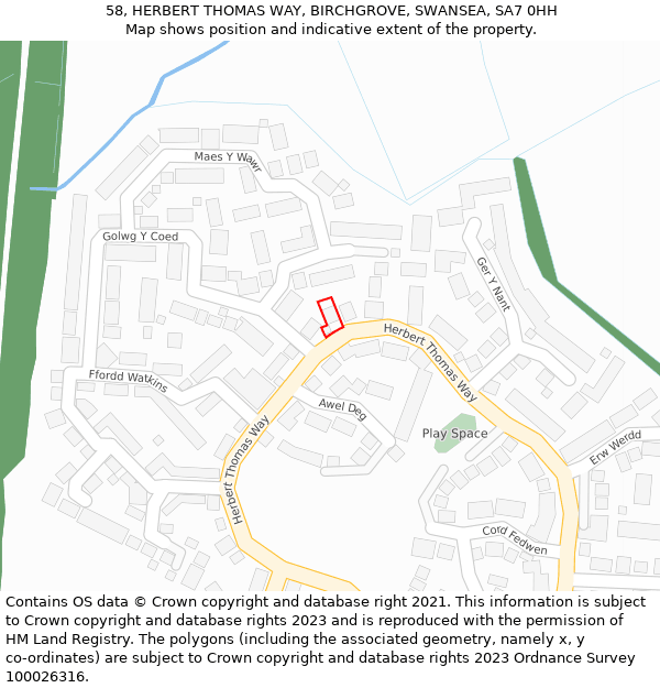 58, HERBERT THOMAS WAY, BIRCHGROVE, SWANSEA, SA7 0HH: Location map and indicative extent of plot