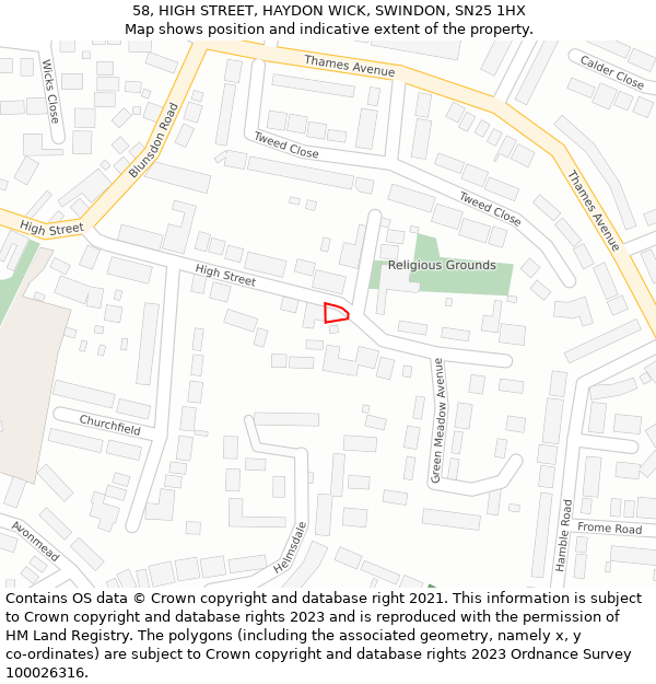58, HIGH STREET, HAYDON WICK, SWINDON, SN25 1HX: Location map and indicative extent of plot