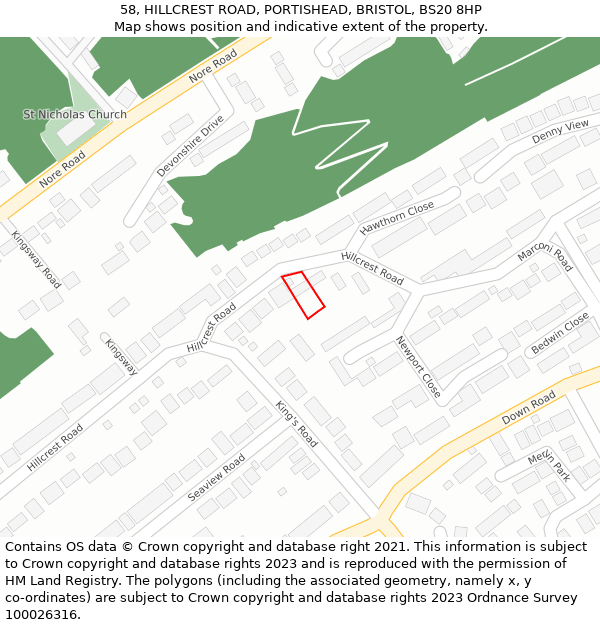 58, HILLCREST ROAD, PORTISHEAD, BRISTOL, BS20 8HP: Location map and indicative extent of plot