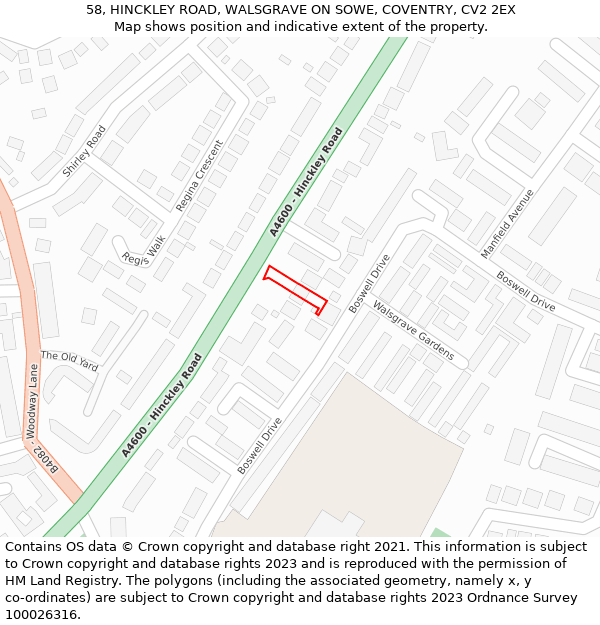 58, HINCKLEY ROAD, WALSGRAVE ON SOWE, COVENTRY, CV2 2EX: Location map and indicative extent of plot