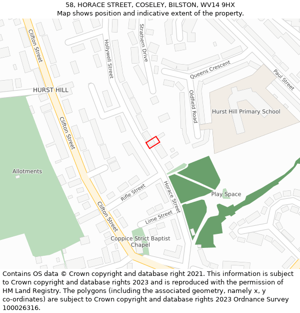 58, HORACE STREET, COSELEY, BILSTON, WV14 9HX: Location map and indicative extent of plot