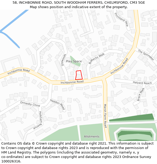 58, INCHBONNIE ROAD, SOUTH WOODHAM FERRERS, CHELMSFORD, CM3 5GE: Location map and indicative extent of plot
