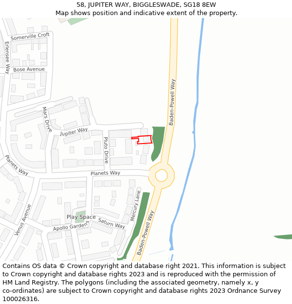 58, JUPITER WAY, BIGGLESWADE, SG18 8EW: Location map and indicative extent of plot