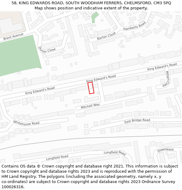 58, KING EDWARDS ROAD, SOUTH WOODHAM FERRERS, CHELMSFORD, CM3 5PQ: Location map and indicative extent of plot